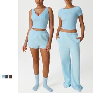 Venta caliente logotipo personalizado Spandex Nylon transpirable 4 piezas mujeres Tops y pantalones Active Gym Wear Yoga Set para la venta - Product Image 1