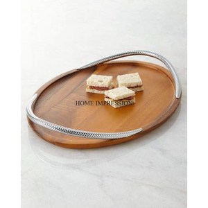 Heavy Duty Metal Silver Color Shiny Polished Unique Designer Handles Round Shape Acacia <b>Wooden</b> <b>Tray</b> <b>Table</b> Centerpiece From India - Product Image 1