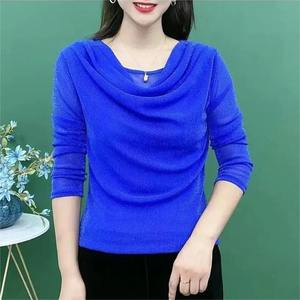 Hauts plissés décontractés à manches longues pour femmes, couleur unie, t-shirts fins avec bas en fil de maille, vêtements de bureau ajustés, pour l'automne et le printemps - Product Image 2