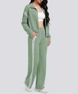 ชุดวอร์ม2ชิ้นสำหรับผู้หญิงชุดวิ่งออกกำลังกายแบบมีซิปและกางเกงวิ่งขากว้างลายสีตัดกันชุดวอร์มสำหรับเดินทาง - Product Image 3