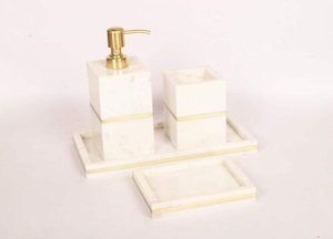 Juego de Accesorios de Baño de Resina Mármol, 4 Piezas, Color Blanco, Dispensador de Jabón, Portacepillos de Dientes, Efecto Lujo, Impermeable, Pulido - Product Image 6