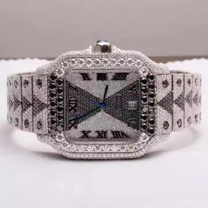 Reloj de Pulsera de Lujo Estilo Hip Hop Antiguo con Incrustaciones de Diamantes Moissanite Negros y Blancos en Acero Inoxidable para Unisex - Product Image 1