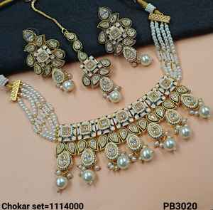 Most Trendy <b>Jewellery</b> For Indian Wedding Function CZ Stone Studded With Pearl Work Necklace Set Earrings & Mangtika Set - Product Image 3