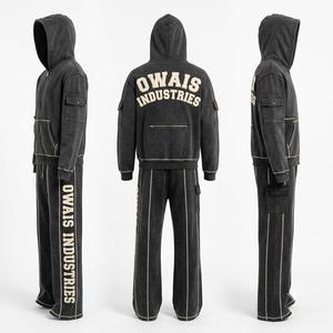 Ensemble de survêtement en molleton respirant à capuche imprimé noir et blanc pour homme, sweat-shirt à manches longues, pantalon avec poches latérales, tenue décontractée d'automne 100% - Product Image 5