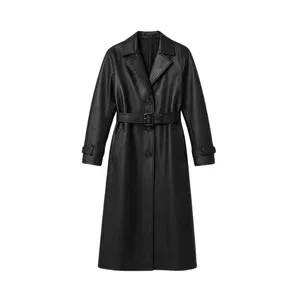 Abrigo Largo de Cuero Negro al por Mayor con Cinturón y Cierre de Botones - Product Image 1