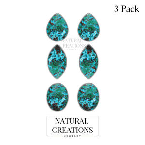 Premium 925 <b>Silver</b> Chrysocolla Gemstone Pear Marquise Oval Cab Butterfly Lock Stud <b>Earrings</b> Bezel Setting Pack of 3 Wedding - Product Image 2