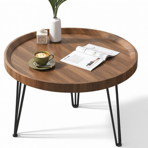 Table basse ronde contemporaine en bois massif et métal | Table d'appoint et d'appoint multifonctionnelle pour salon, meubles de maison - Product Image 3