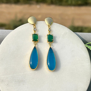 Best selling 18k gold plated brass wholesale jewelry green <b>onyx</b> baguette blue chalcedony pear <b>earring</b> for gift jewelry - Product Image 5