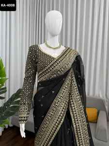 Sari Indio de Seda Negra con Lentejuelas y Bordado de Hilo para Fiestas, Sari Económico con Piezas de Blusa con Trabajo de Lentejuelas - Product Image 2