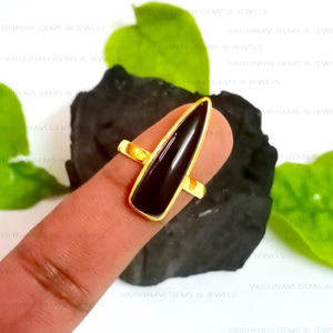 <b>Chunky</b> Natural Black Onyx 8x25mm Trillion 18K Gold Plated Eternity Vermeil 925 Sterling <b>Silver</b> Handmade Fashion Minimalist <b>Ring</b> - Product Image 1