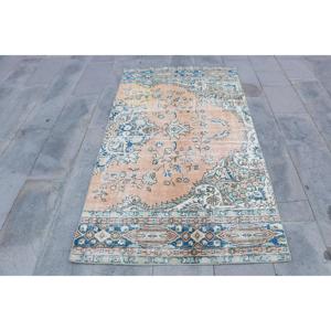 Alfombra Turca de 3.8x6.9 pies, Alfombra de Lana Vintage con Diseño Floral Azul - Product Image 1