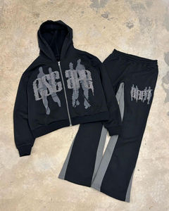 Chándal personalizado de 2 piezas para hombre, estampado gráfico de diamantes de imitación, pantalones de chándal acampanados en contraste de Color, conjunto de Jogger con capucha y cremallera para invierno - Product Image 6