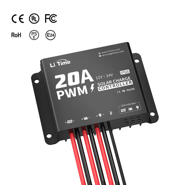 LiTime 24V 20A PWM Solar Charge Controller IP68 Waterproof BT Battery Charger for LiFePO4/GEL/SEL Batteries 680W Max PV Power
