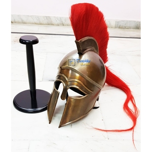 Casco Corintio de Halloween, Estilo Guerreros Griegos, Hierro Vintage con Acabado Antiguo Marrón, Hecho a Mano, 69 cm, Decoración para el Hogar, Pluma Roja - Product Image 1