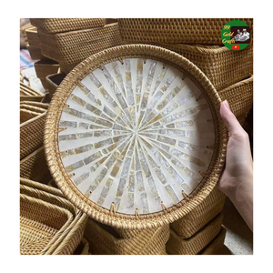 Plateau de service en rotin naturel avec mosaïque de nacre mélangée, plateau fait à la main pour la décoration de la maison, marché d'exportation, plateau en rotin mélangé à de la céramique - Product Image 5