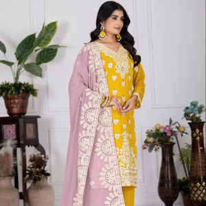 Haute qualité jaune Faux Georgette tissu élégant indien pakistanais femmes costume haut pour mariages Festivals et fêtes Palazzo - Product Image 1