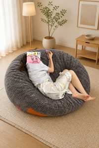 Gray Plush <b>Bean</b> <b>Bag</b> <b>Chair</b> Round Lounge Seat Floor Sofa for Bedroom Living Room Reading Relaxing - Product Image 2