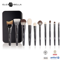 Ensemble de 10 pinceaux de maquillage pour le visage avec boîte de rangement en métal, poils synthétiques, manche en plastique, pinceaux cosmétiques pour fond de teint, poudre, fard à paupières