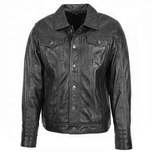 Veste en cuir pour homme, col mandarin, style western, cuir véritable noir, écologique, respirante, classique, décontractée, vintage, hiver - Product Image 1