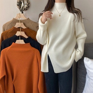 Femmes décontracté demi <span class=keywords><strong>col</strong></span> <span class=keywords><strong>roulé</strong></span> <span class=keywords><strong>pull</strong></span> <span class=keywords><strong>pull</strong></span> couleur unie multi-boutons décoration automne saison coupe ample fente ourlet tricots - Product Image 1