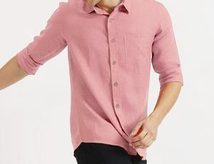 Chemise décontractée d'été pour homme en lin rose clair à imprimé unique, manches longues, col rabattu, bouton unique, séchage rapide, durable et unie - Product Image 4