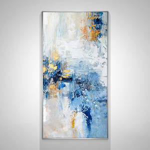 Blue Gold Vertical <b>Abstract</b> Natural Minimalist Custom Scenery Large Oil <b>Canvas</b> Handmade Wood Frame Wall Hanging Interior Decor - Product Image 2