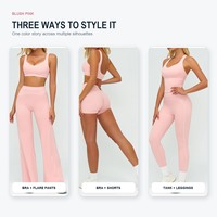 Ensemble de vêtements de yoga pour femmes personnalisé en bleu marine, vert sauge et rose, comprenant une brassière de sport, un débardeur, un short, un legging et un pantalon évasé, tenue de fitness coordonnée