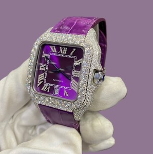 Reloj Miyota de Lujo de la Mejor Calidad, Estilo Hip Hop, con Diamantes Naturales VVS, Esfera Morada Completamente Engastada, Correa de Goma Morada - Product Image 4