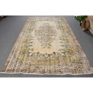 Alfombra turca Vintage Beige Marrón 5,8X9,4 FT Tejido plano de lana con patrón de retazos para decoraciones de sala de estar - Product Image 1