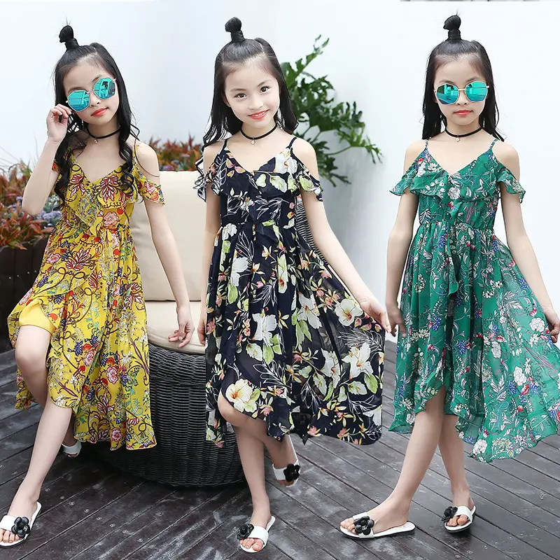 YUNNES Bohemia Holiday Big Kids Clothing Chiffon V Neck Girls Slip Dresses Fashion for Children 10 Years