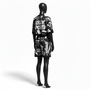 Ensemble court pour femme en coton et polyester de qualité supérieure, tissu French Terry noir, logo sublimé sur toute la surface, haut court et short 100% coton - Product Image 5