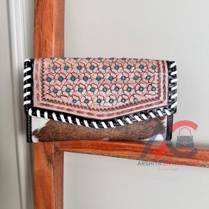 กระเป๋าคลัทช์แกะสลักมือดีไซน์เนอร์กระเป๋าคลัทช์หนังวัวแท้ทันสมัยกระเป๋าสตางค์หนังตะวันตกอเนกประสงค์ - Product Image 1