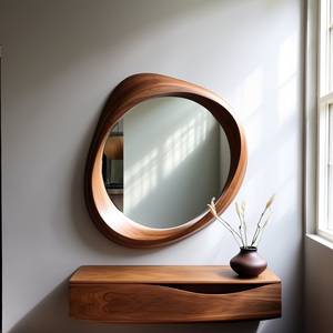Walnut Wood Asymmetrical Vanity <b>Mirror</b> with <b>Irregular</b> Design for Home Decor and Bathroom Wall Use Handcrafted by Artisans - Product Image 3
