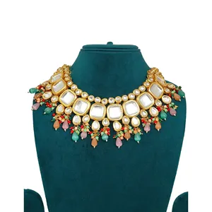Ensemble de bijoux vintage plaqué or Kundan, perles multicolores et rubis pour mariage et cadeau, bague en cuivre fin - Product Image 3
