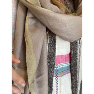 <b>Wool</b> Zari Women's Long Winter Knitted <b>Scarf</b> with Embroidered Design Plain Dyed Bollywood Style-Foil Print 75x190cm Putty - Product Image 3