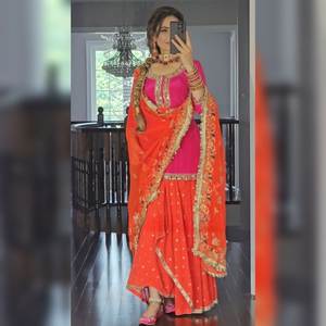 ชุดชัลวาร์ คามีซ สำหรับงานแต่งงาน ผ้าจอร์เจียต์สีน้ำเงินแบบอิสลาม ปักลายเต็มตัว พร้อมเลื่อมขนาด 5 มม. ขอบลูกไม้โมติ สำเร็จรูป สำหรับผู้หญิง - Product Image 1