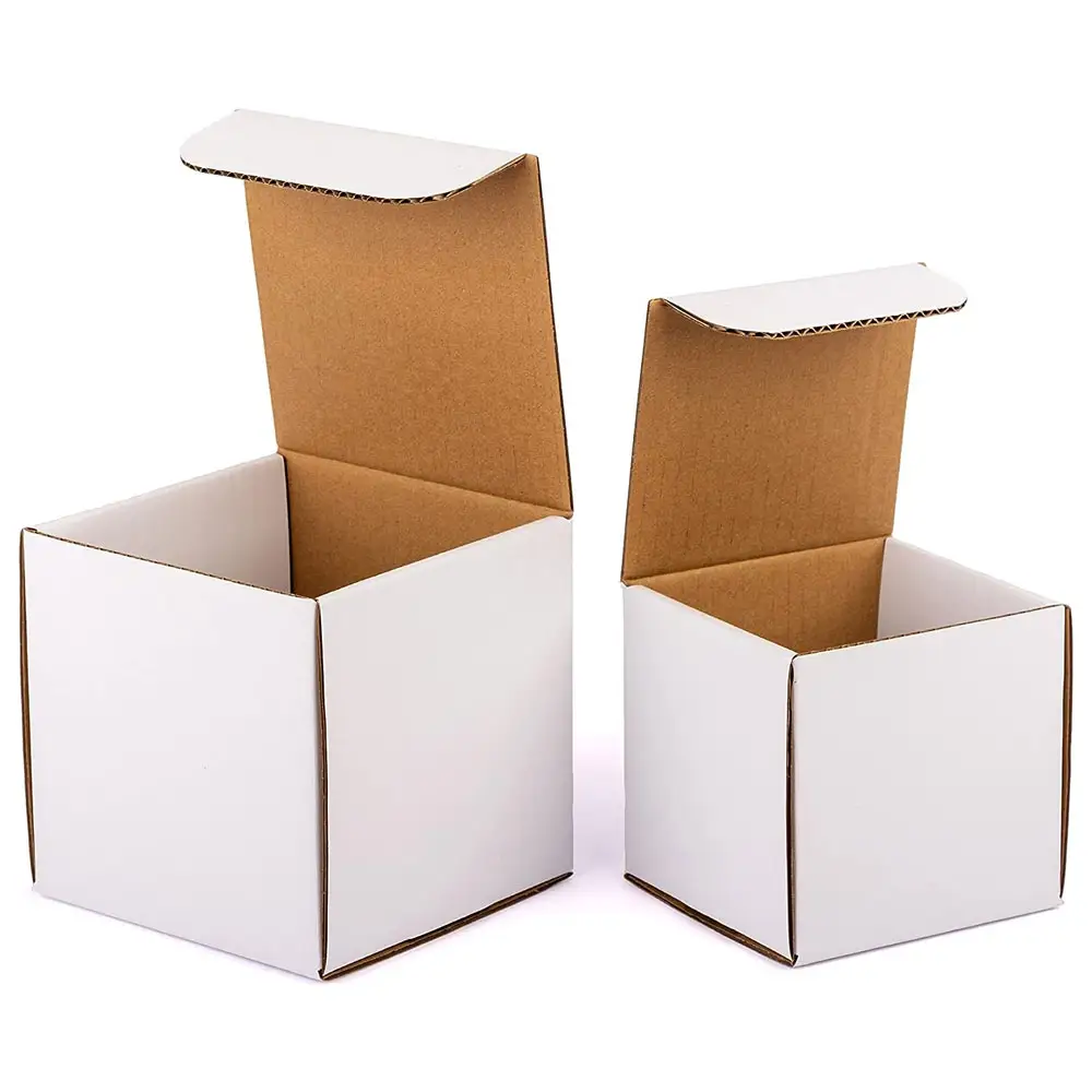 Kapaklı 5x5x 5 nakliye kutusu, kahve kupa, zanaat, mum için teşekkür ederim çıkartmaları ile 5 "beyaz oluklu mukavva kutu Mailers
