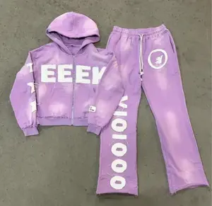 Conjunto Deportivo de Felpa Francesa 100% Algodón con Cremallera, Traje Deportivo Personalizado con Apliques Desgastados, Pantalones Deportivos Anchos y Sudadera con Capucha para Hombre - Product Image 1