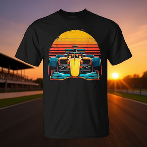 T-shirt promozionale Sunset Retro Racing Car con grafica di auto da corsa in stile retrò su morbido cotone - Product Image 3