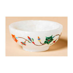 Bol en pierre entièrement naturel fait à la main de luxe motif de fleurs incrustées avec marbre blanc imitation antique de 10cm pour la maison et l'hôtel - Product Image 1