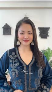 Ensemble Kurti et pantalon en velours brodé pour femmes, bleu marine, vêtements ethniques, tenue de soirée pour femmes - Product Image 3