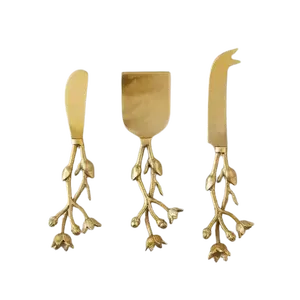 עיצוב אלגנטי מנירוסטה זהב סכיני גבינה סט עם ידית ענפים פרחוניים המשמש להגשה על שולחן ארוחת בוקר