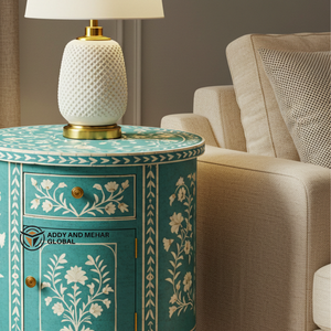 Mesita de Noche Redonda Azul de Lujo Ecológica con Incrustaciones de Hueso y Diseño Floral, Tres Cajones para Decoración de Dormitorio Moderno, Exportación - Product Image 5