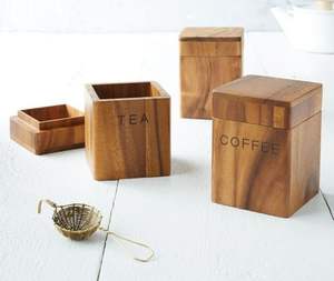 Ensemble de boîtes à thé et à café en bois d'acacia, boîte de rangement carrée pour la cuisine, couvercle, artisanat, organisateur de garde-manger, boîte décorative gourmet, bonne qualité - Product Image 1