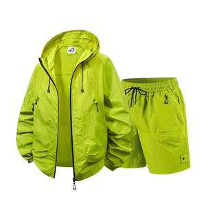 Veste zippée à capuche verte élégante sur mesure coupe-vent en tissu polyamide à manches longues poches multiples pour l'été décontracté - Product Image 1