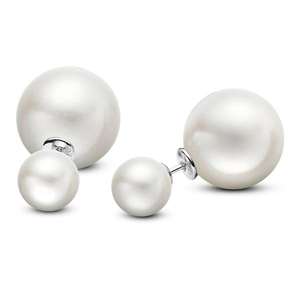 Pendientes de Doble Perla Redonda Blanca de Agua Dulce de Calidad AAA en Oro Blanco de 14K de 8-11 mm para Mujer - Product Image 1