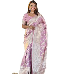 Sari de seda Banarasi suave de primera calidad con tejido zari y diseño Meenakari en toda la prenda. - Product Image 1