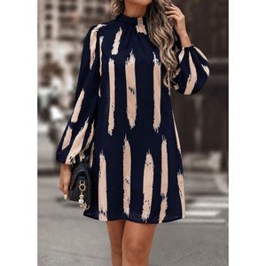 Robe courte en modal à manches longues et col demi-pêcheur à motifs pour femme, 38528 - Bleu marine - Product Image 2