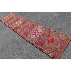2.4x11.4 ft Herki Turkish Rug, <b>Brown</b> Bordered Vintage Rug <b>Wool</b> - Product Image 4