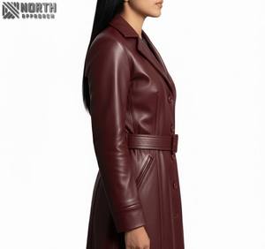 Manteau en cuir long pour femmes Manteau confortable en cuir de mouton respirant pour femmes Veste en cuir personnalisée - Product Image 6